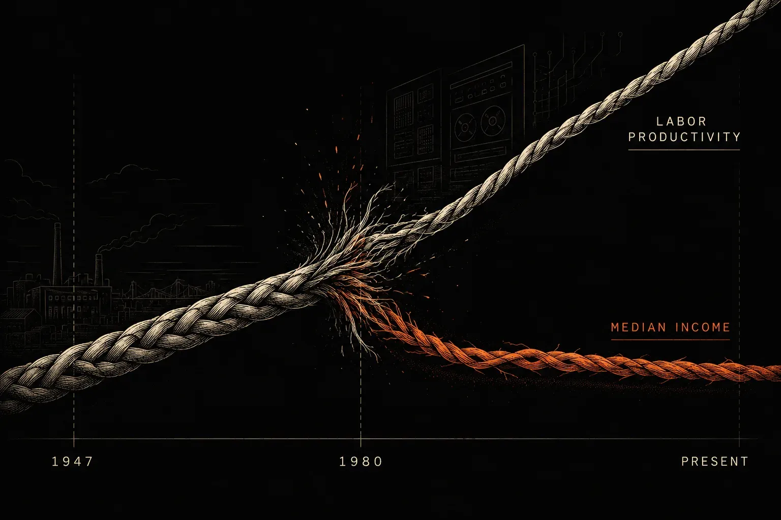 A dark editorial illustration: a thick braided rope runs left to right. Around 1980 it splits, the upper strand continuing in warm off-white labelled "labor productivity", the lower strand fraying away in burnt orange labelled "median income". Timeline marks read 1947, 1980, present. Output and pay, once the same rope, come apart.