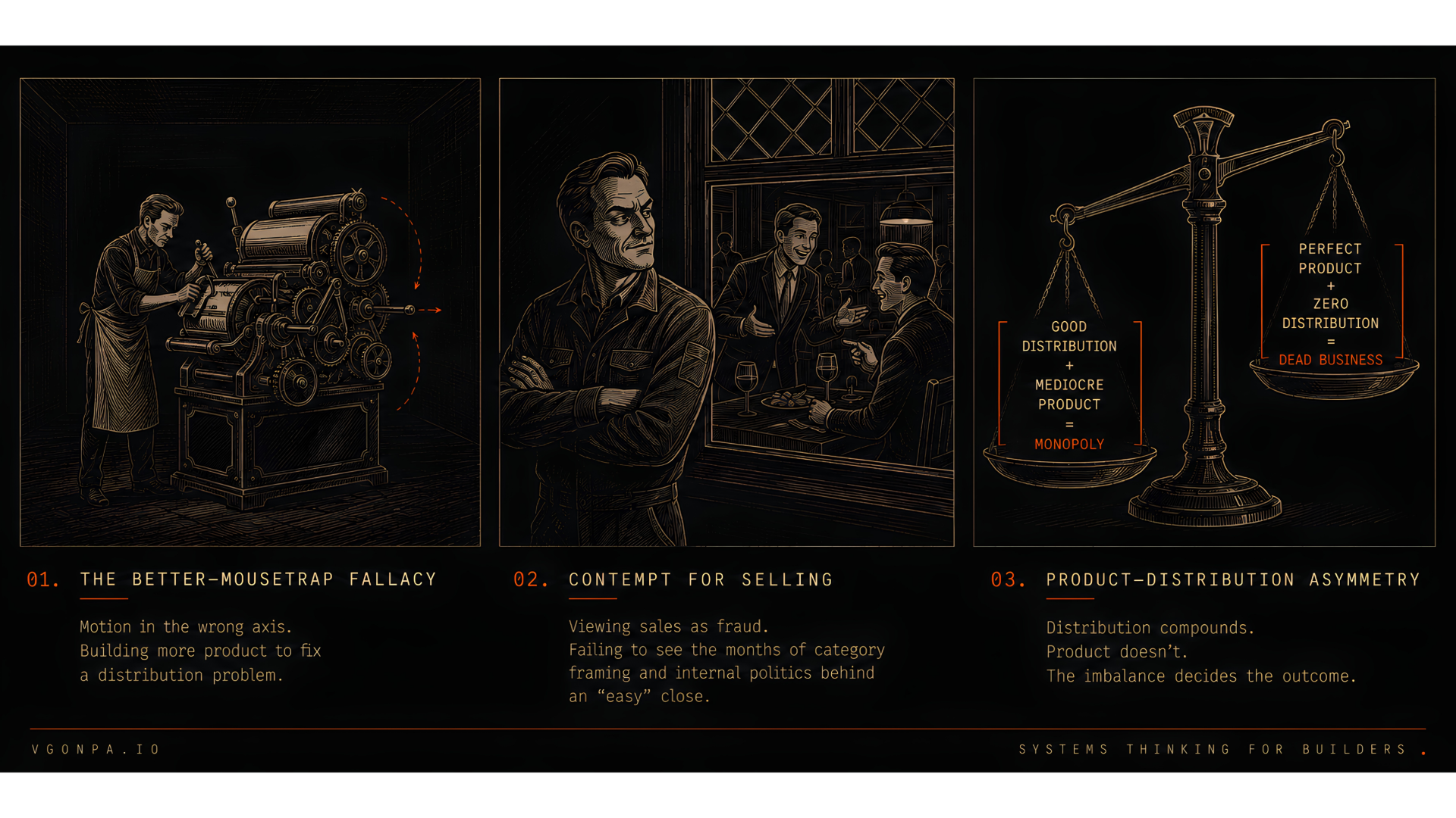 A dark editorial triptych titled A Taxonomy of the Builder's Hubris. Left, the better-mousetrap fallacy: a maker alone in a workshop polishing an ornate machine. Centre, contempt for selling: an engineer with arms crossed watching a salesperson close a deal over dinner. Right, the product-distribution asymmetry: a scale where good distribution with a mediocre product outweighs a perfect product with zero distribution. Three structural blind spots, not personal failings.